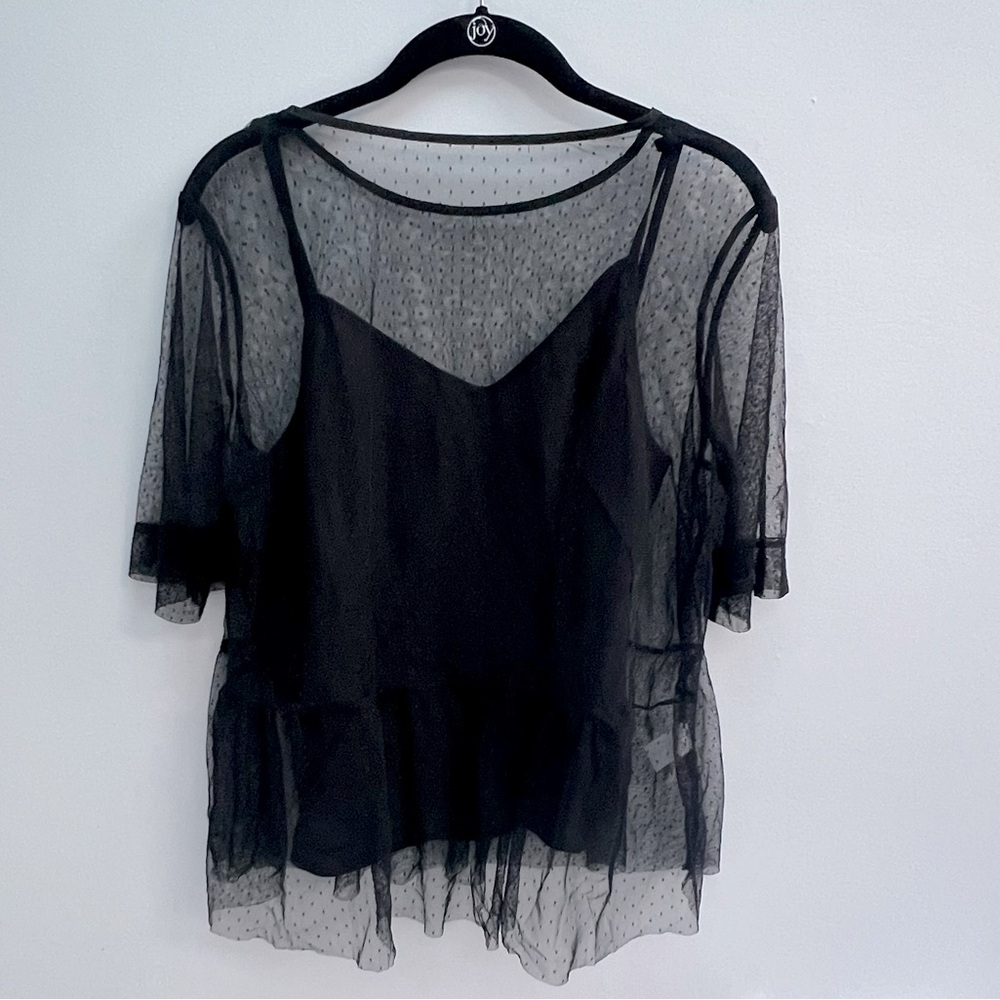 Black Swiss dot size medium short sleeve sheer shirt with spaghetti strap cami